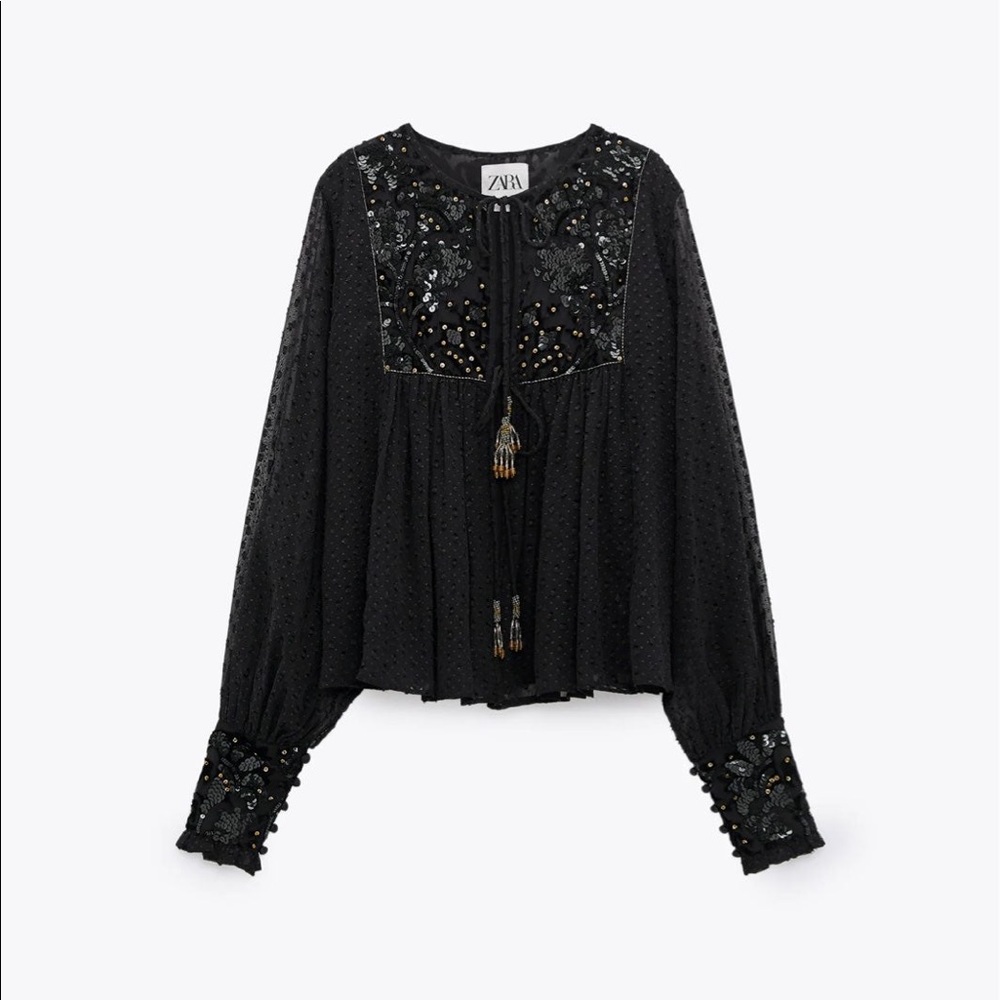 NWT Zara Black Tasseled Plumetis Sequined Dotted Mesh Jacket